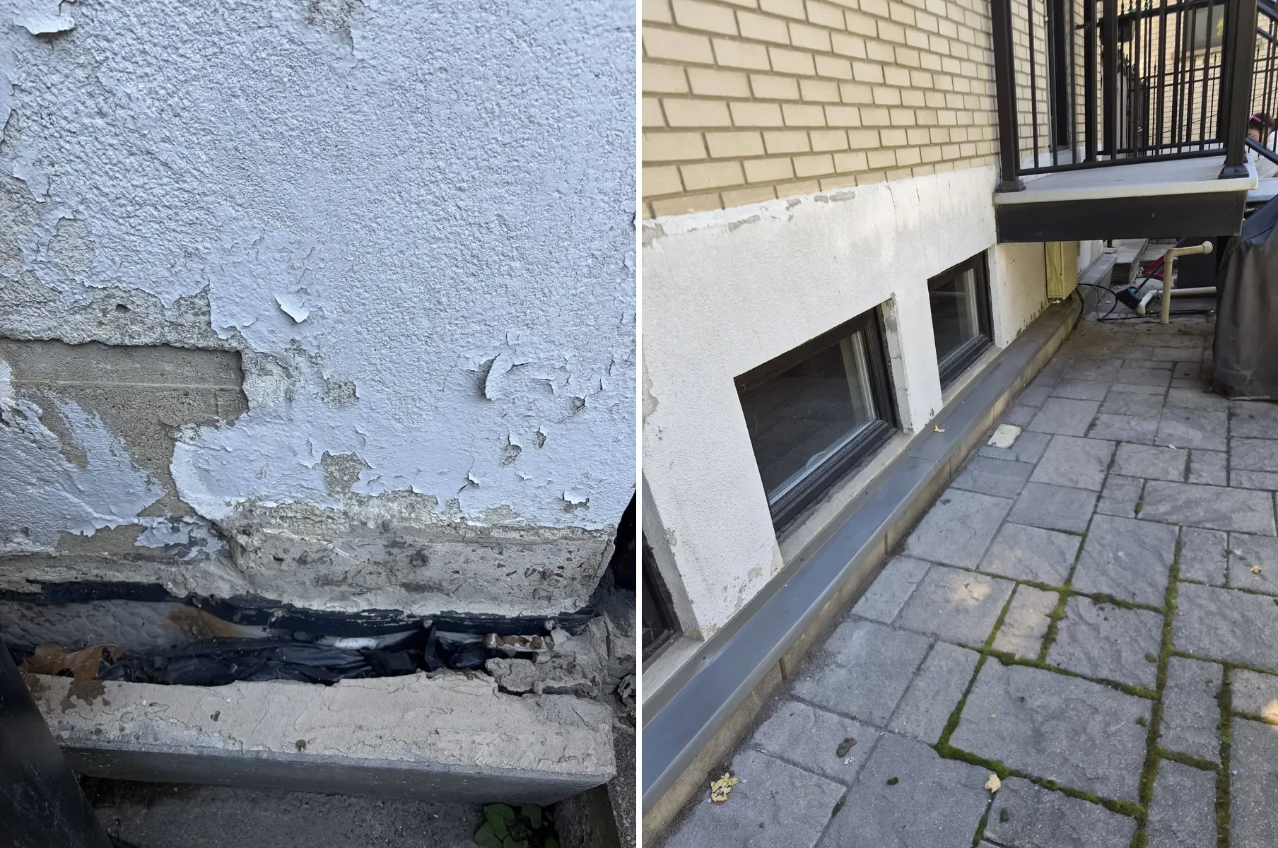 Avant et après : crépi de fondation qui s'écaille, puis solin d'aluminium posé et pavé remis en place