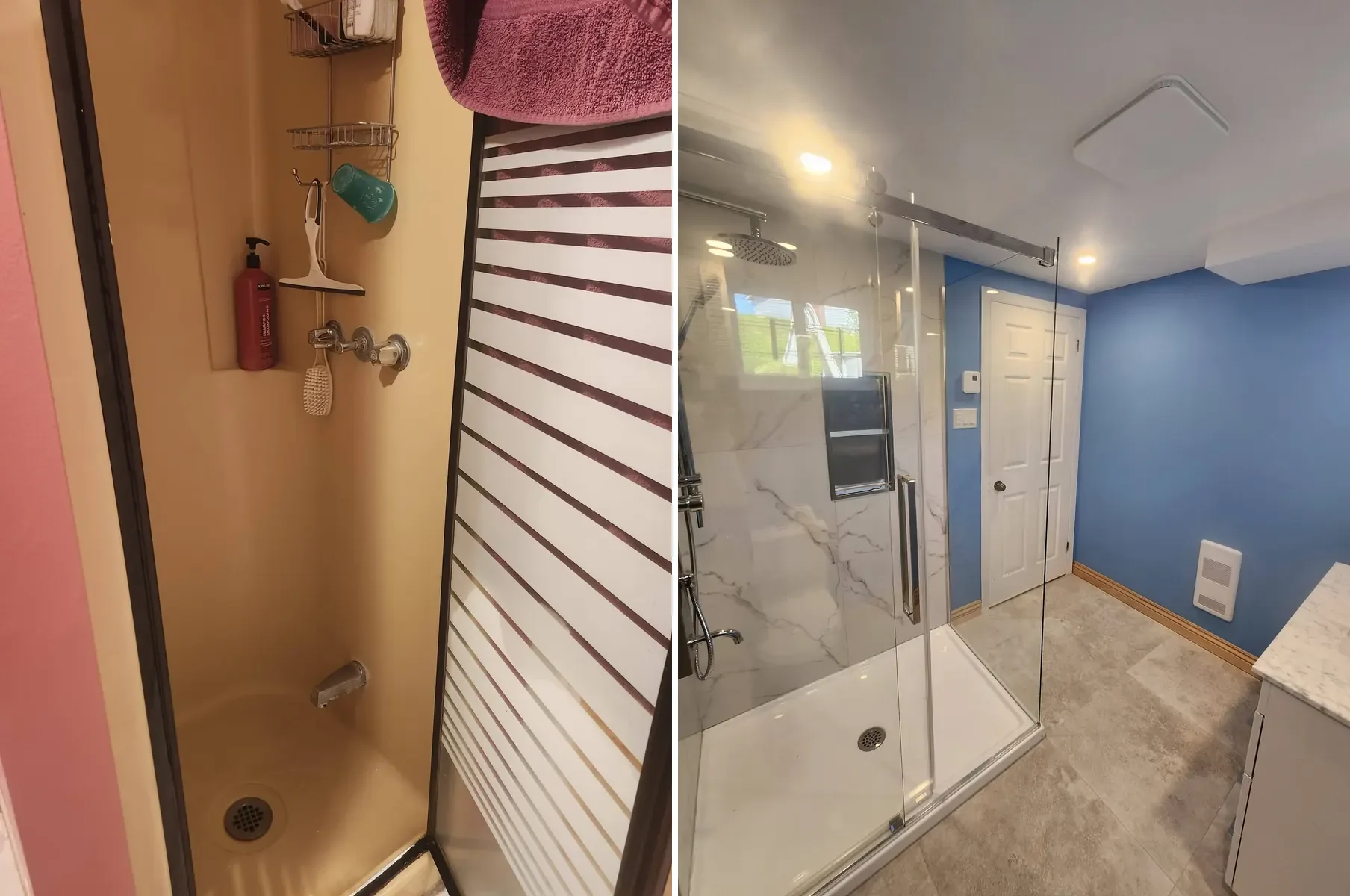 Avant et après : ancienne douche beige, puis douche vitrée neuve et murs bleus